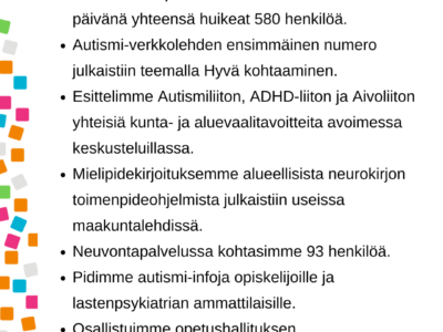 Nostot Autismiliiton helmikuun toiminnasta. Kuvassa oleva teksti avattu myös tekstiosassa.