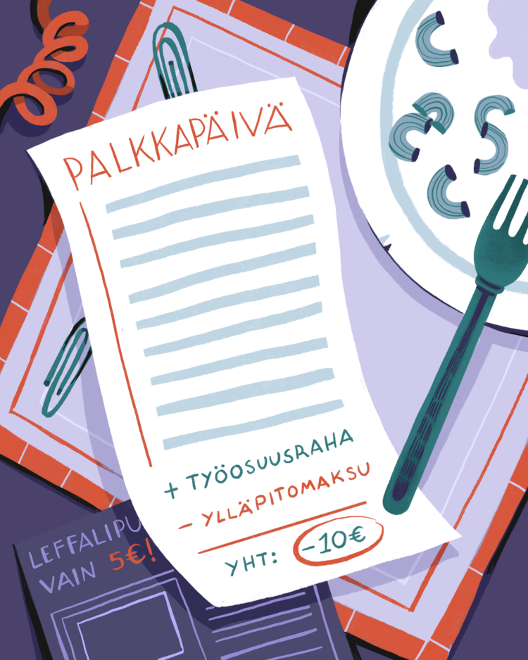 Pöydällä on palkkalaskelma, jossa näkyy sekä työosuusraha että ylläpitomaksu, mutta loppusumma on negatiivinen (-10 €). Vieressä on lautanen, jossa on osittain syötyä pastaa, sekä leffamainos, jossa lukee "Leffalippu vain 5€!". Kuva viestii taloudellisesta epäoikeudenmukaisuudesta.