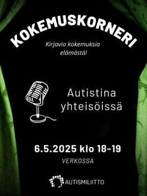 Kokemuskornerin ilmoitus, jossa tekstiä ja piirretty mikrofoni tummalla taustalla.