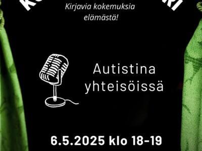 Kokemuskornerin ilmoitus, jossa tekstiä ja piirretty mikrofoni tummalla taustalla.