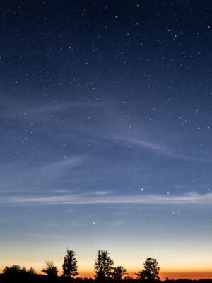 Tähtitaivas, jonka reunalla iltaruskoa. Taivaanrannalla näkyvissä myös puiden latvia.