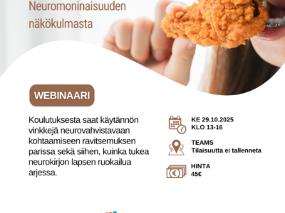 lapsi syö kuvassa. Teksti: Syöminen ja sen haasteet- webinaarin mainos