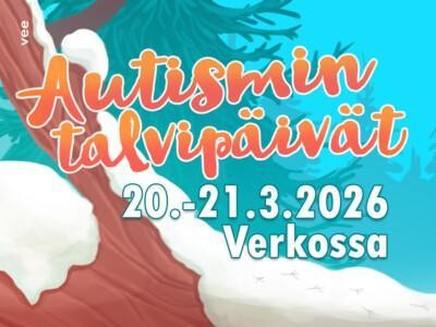 Autismin talvipäivät 2026 banneri. Päivämäärät 20.-21.3.2026 verkossa. Taustalla talvinen metsämaisema.