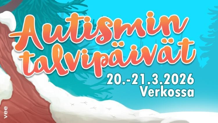 Autismin talvipäivät 2026 banneri. Päivämäärät 20.-21.3.2026 verkossa. Taustalla talvinen metsämaisema.