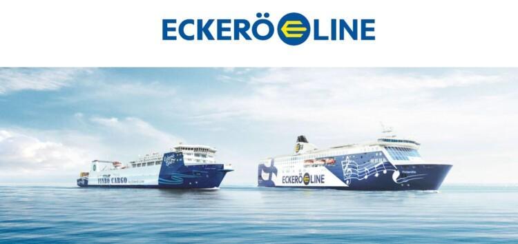 Eckerö linen logo ja kuva Eckerön laivoista merellä.