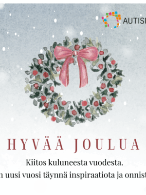 Piirretty joulukranssi, jonka alla hyvän joulun ja uuden vuoden toivotus.