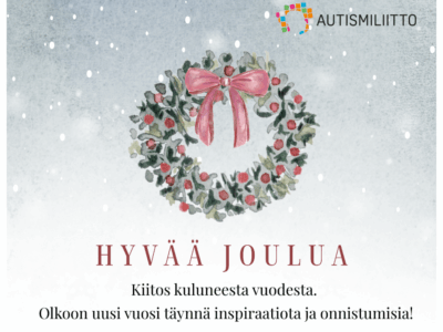 Piirretty joulukranssi, jonka alla hyvän joulun ja uuden vuoden toivotus.