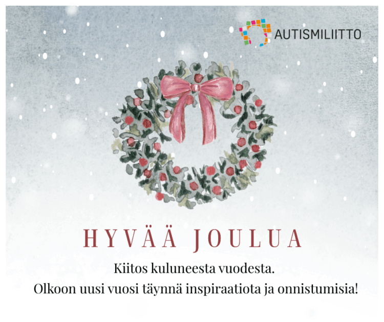 Piirretty joulukranssi, jonka alla hyvän joulun ja uuden vuoden toivotus.