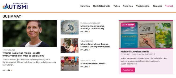 Kuvakaappaus Autismi-verkkosivun etusivulta.