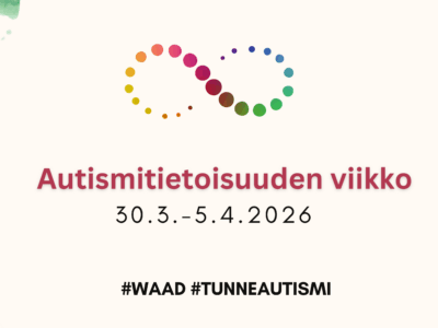 Bannerin reunoissa värikkäitä veriläiskiä, keskellä varipalloista muodostunut ikuisuusmerkki ja sen alapuolella lukee Autismitietoisuuden viikko ja päivämäärät 30.3.-5.4.2026