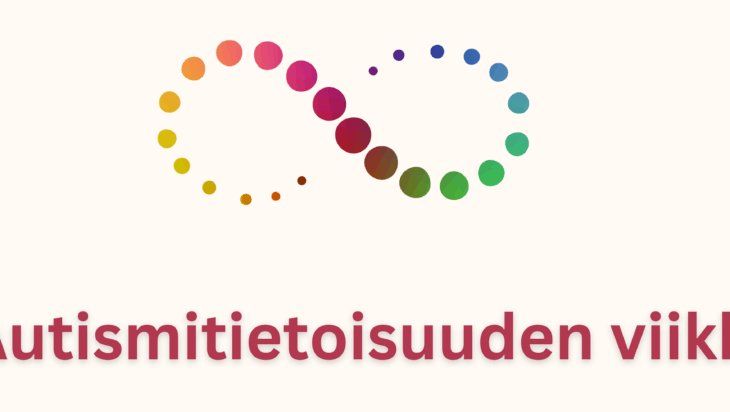 Bannerin reunoissa värikkäitä veriläiskiä, keskellä varipalloista muodostunut ikuisuusmerkki ja sen alapuolella lukee Autismitietoisuuden viikko.
