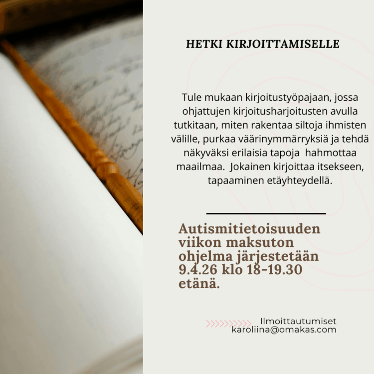 Ilmoituskuva, jossa avattu kirja käsin kirjoitetuin sivuin ja teksti, jossa tapahtuman tiedot, jotka kerrotaan myös tapahtumailmoituksessa.