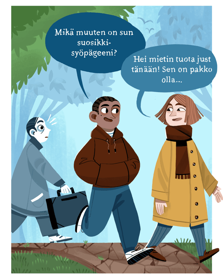 Kaksi henkilö kävelemässä ja juttelemassa siitä, mikä on heidän suosikkisyöpägeeninsä, taustalla oleva henkilö on hämmentyneen näköinen.