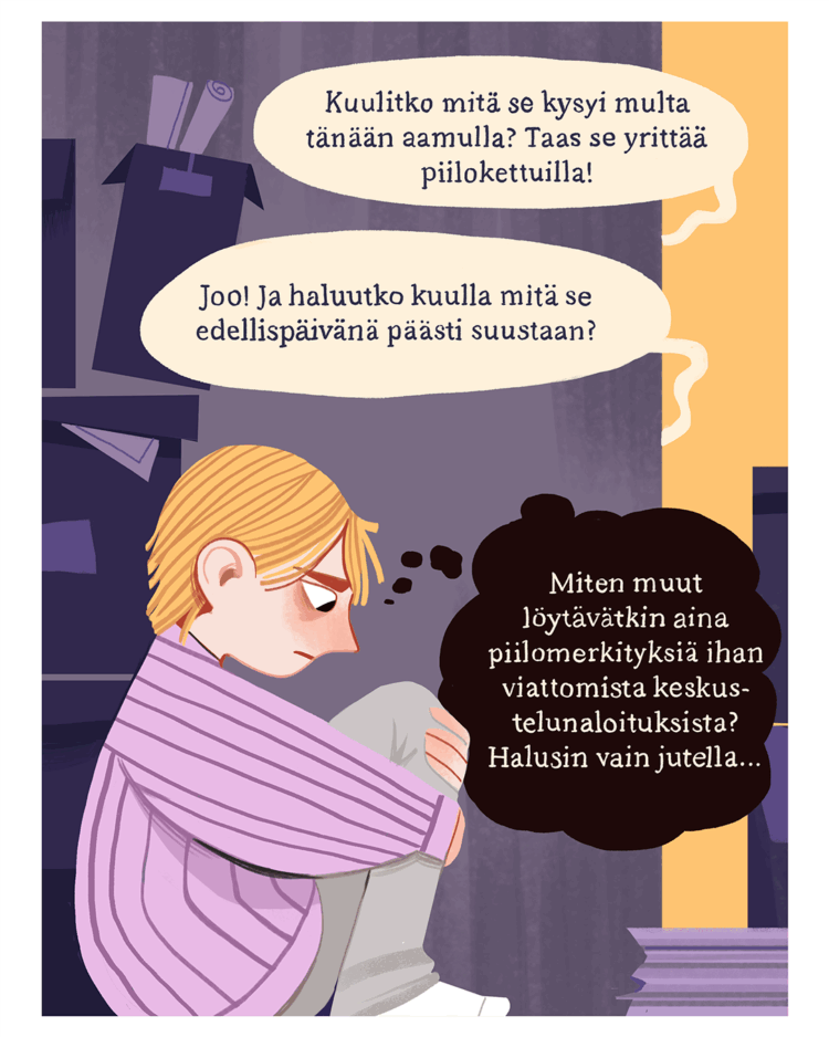 Henkilö istuu lattiarajassa ja kuulee muiden puhuvan hänestä ikävästi. Hän miettii alakuloisena, miten muut löytävät aina piilomerkityksiä hänen keskustelunaloituksistaan. Hän kun haluaa vain jutella.