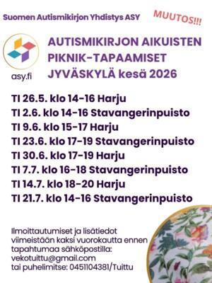 Ilmoitus autismikirjon aikuisten piknik-tapaamisista Jyväskylässä. Lisätietoa tapatuman leipätekstissä.