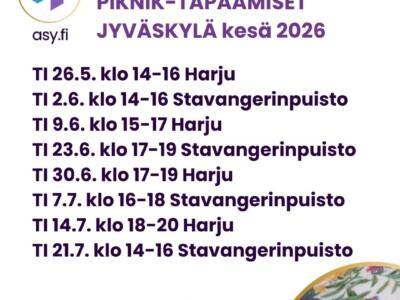 Ilmoitus autismikirjon aikuisten piknik-tapaamisista Jyväskylässä. Lisätietoa tapatuman leipätekstissä.