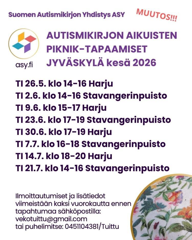 Ilmoitus autismikirjon aikuisten piknik-tapaamisista Jyväskylässä. Lisätietoa tapatuman leipätekstissä.
