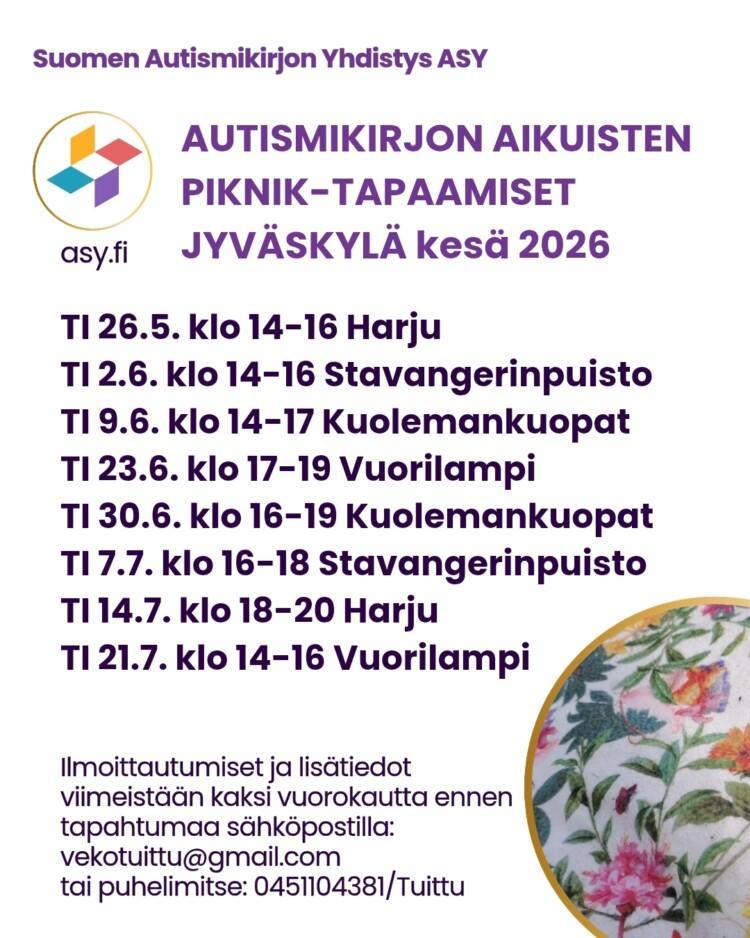 Ilmoitus autismikirjon aikuisten piknik-tapaamisista Jyväskylässä. Lisätietoa tapatuman leipätekstissä.