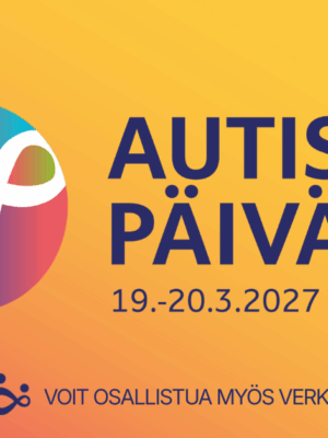 Autismipäivien logo ja tiedot, että tapahtuma järjestetään 19.-20.3.2027 Tampereella ja verkossa.