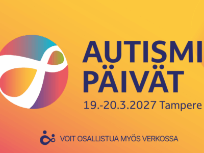 Autismipäivien logo ja tiedot, että tapahtuma järjestetään 19.-20.3.2027 Tampereella ja verkossa.