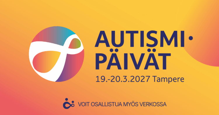 Autismipäivien logo ja tiedot, että tapahtuma järjestetään 19.-20.3.2027 Tampereella ja verkossa.